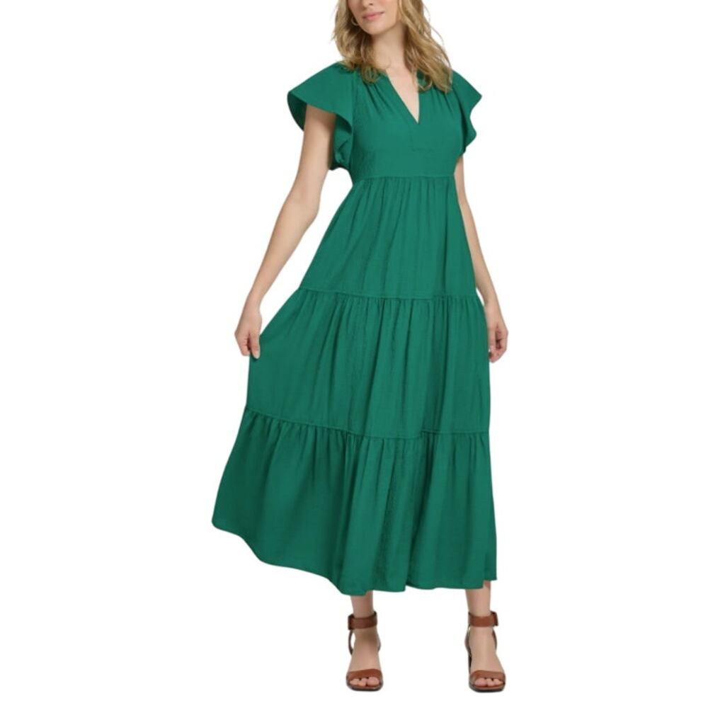 Calvin Klein Gauze Midi Dress with Pleated Tiers Meadow Green Size 10 NEW